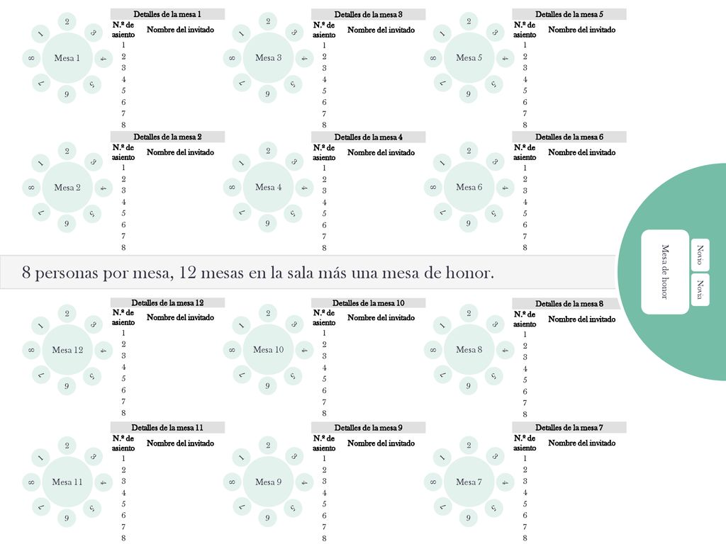 8 personas por mesa, 12 mesas en la sala más una mesa de honor.