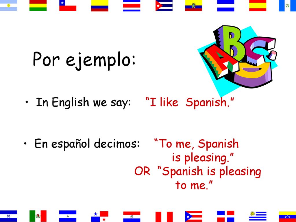 Por ejemplo: In English we say: I like Spanish.