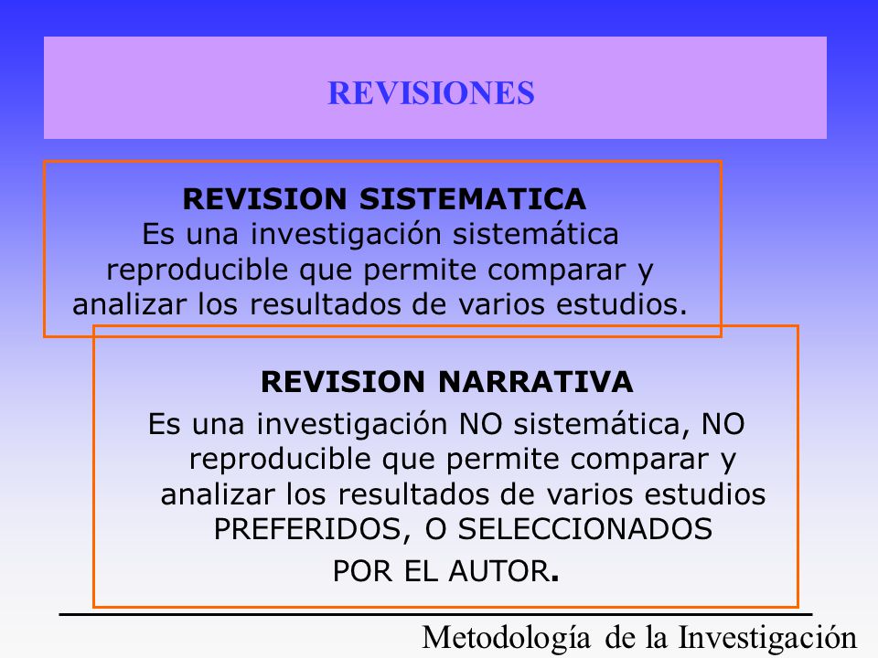 REVISIONES REVISION SISTEMATICA. Es una investigación sistemática reproducible que permite comparar y analizar los resultados de varios estudios.