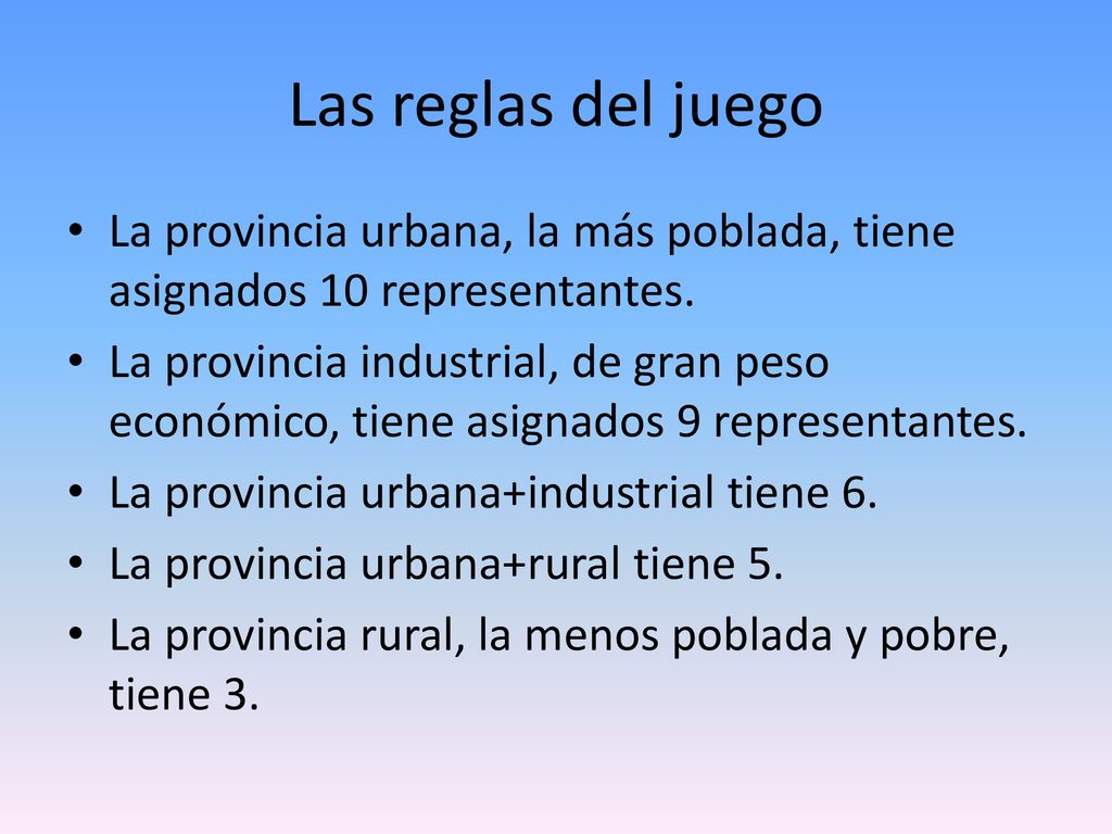 Las reglas del juego La provincia urbana, la más poblada, tiene asignados 10 representantes.