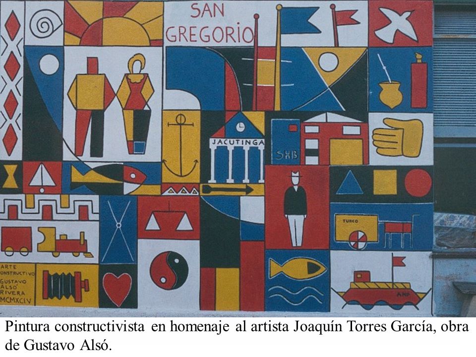 Pintura constructivista en homenaje al artista Joaquín Torres García, obra de Gustavo Alsó.