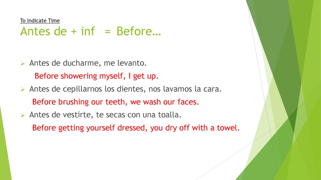 To Indicate Time Antes de + inf = Before…