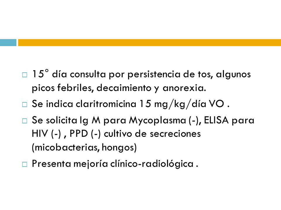 15° día consulta por persistencia de tos, algunos picos febriles, decaimiento y anorexia.