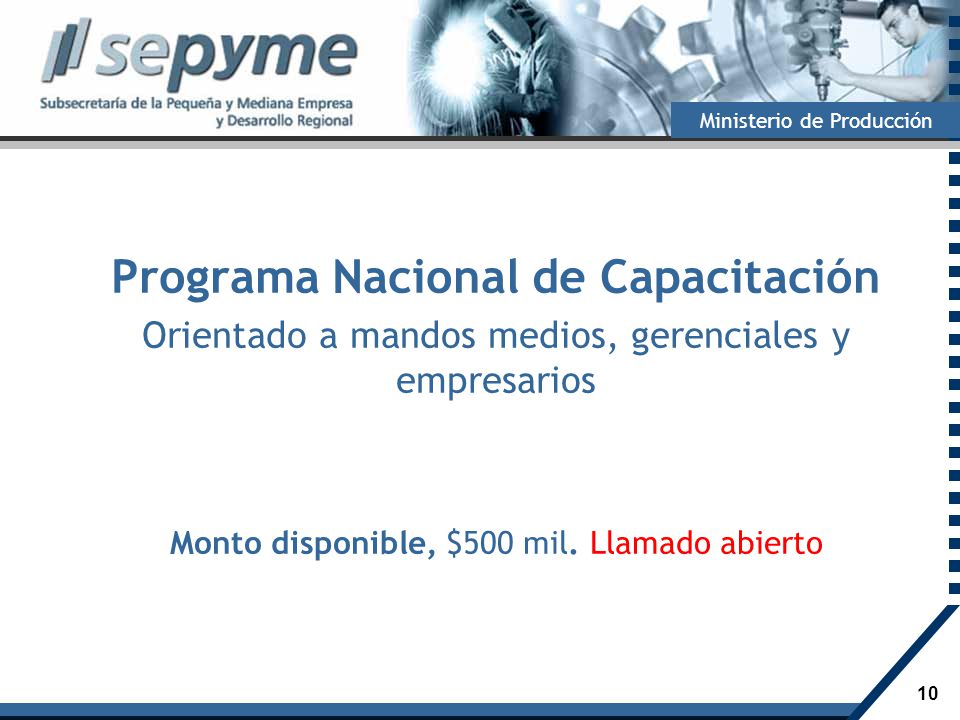 Programa Nacional de Capacitación Orientado a mandos medios, gerenciales y empresarios Monto disponible, $500 mil.