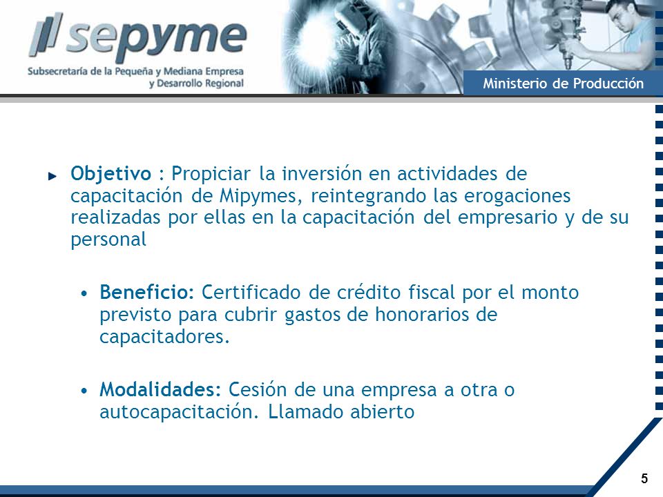 Objetivo : Propiciar la inversión en actividades de capacitación de Mipymes, reintegrando las erogaciones realizadas por ellas en la capacitación del empresario y de su personal