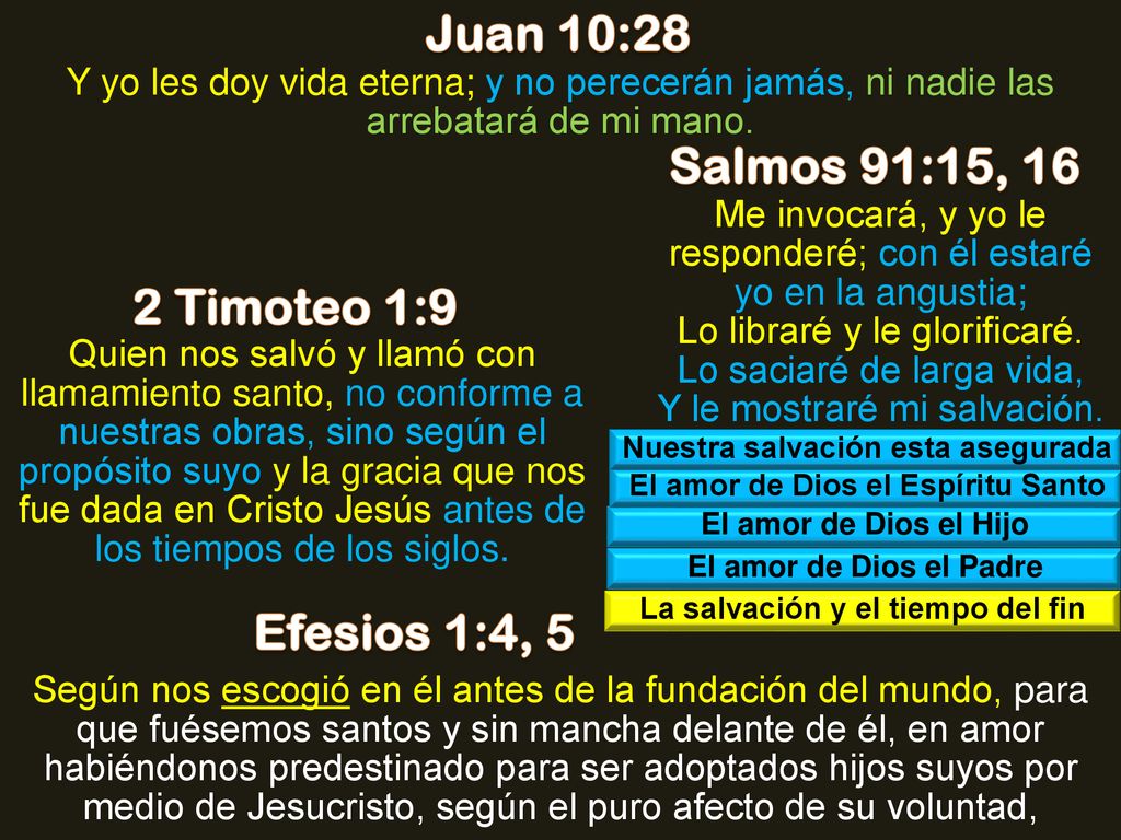 Juan 10:28 Salmos 91:15, 16 2 Timoteo 1:9 Efesios 1:4, 5