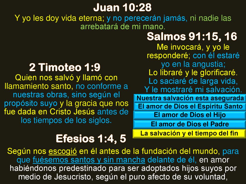 Juan 10:28 Salmos 91:15, 16 2 Timoteo 1:9 Efesios 1:4, 5