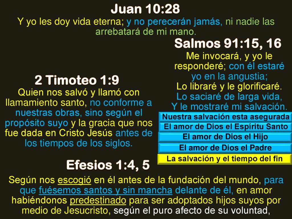 Juan 10:28 Salmos 91:15, 16 2 Timoteo 1:9 Efesios 1:4, 5