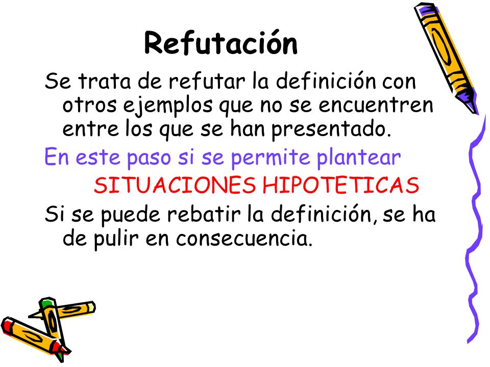 Refutación Se trata de refutar la definición con otros ejemplos que no se encuentren entre los que se han presentado.