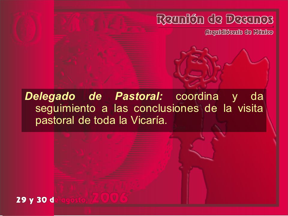 Delegado de Pastoral: coordina y da seguimiento a las conclusiones de la visita pastoral de toda la Vicaría.
