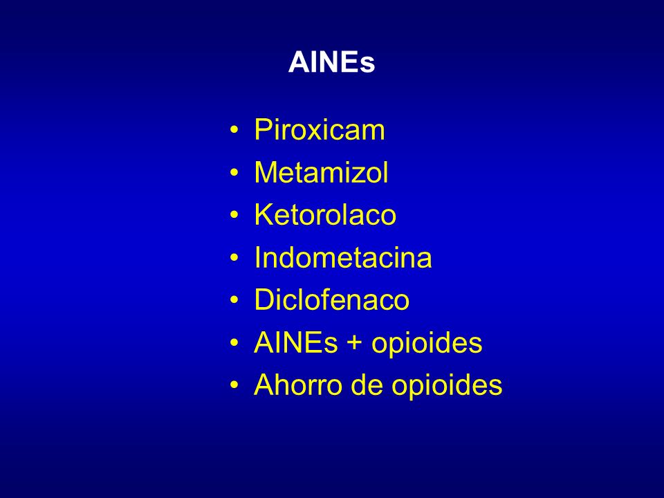 AINEs Piroxicam Metamizol Ketorolaco Indometacina Diclofenaco AINEs + opioides Ahorro de opioides