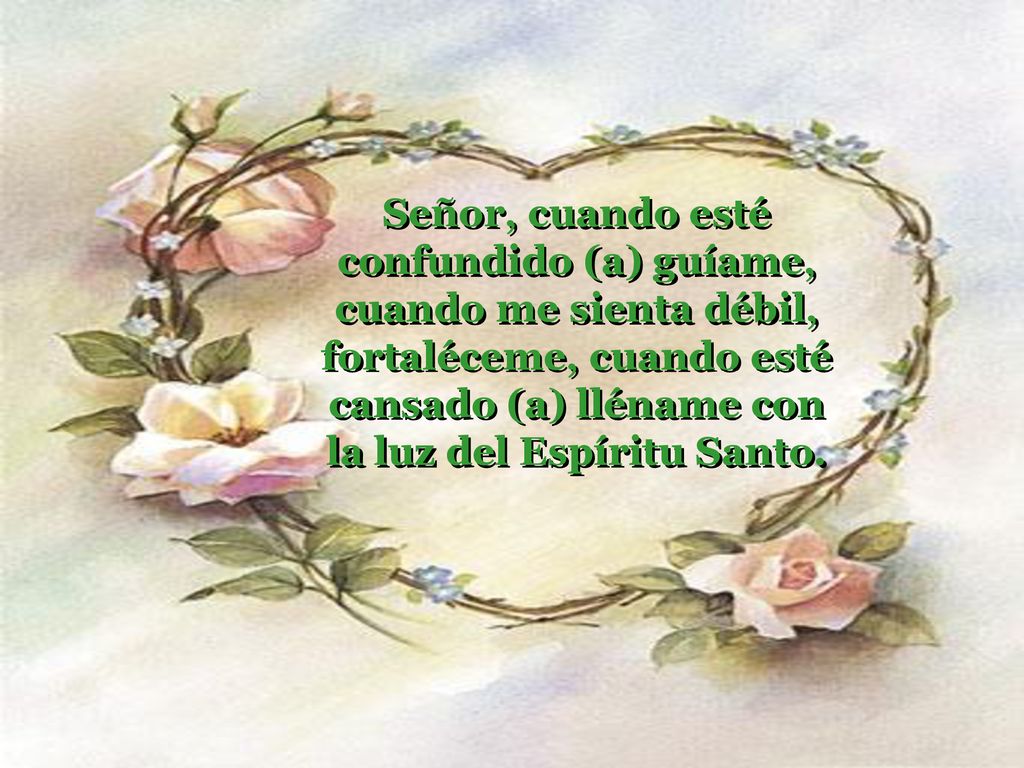Señor, cuando esté confundido (a) guíame, cuando me sienta débil, fortaléceme, cuando esté cansado (a) lléname con la luz del Espíritu Santo.