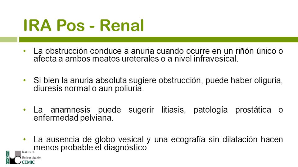 IRA Pos - Renal La obstrucción conduce a anuria cuando ocurre en un riñón único o afecta a ambos meatos ureterales o a nivel infravesical.