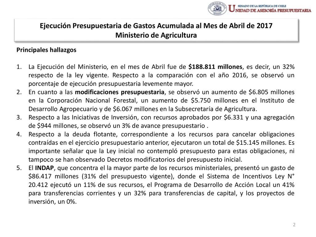 Ejecución Presupuestaria de Gastos Acumulada al Mes de Abril de 2017 Ministerio de Agricultura