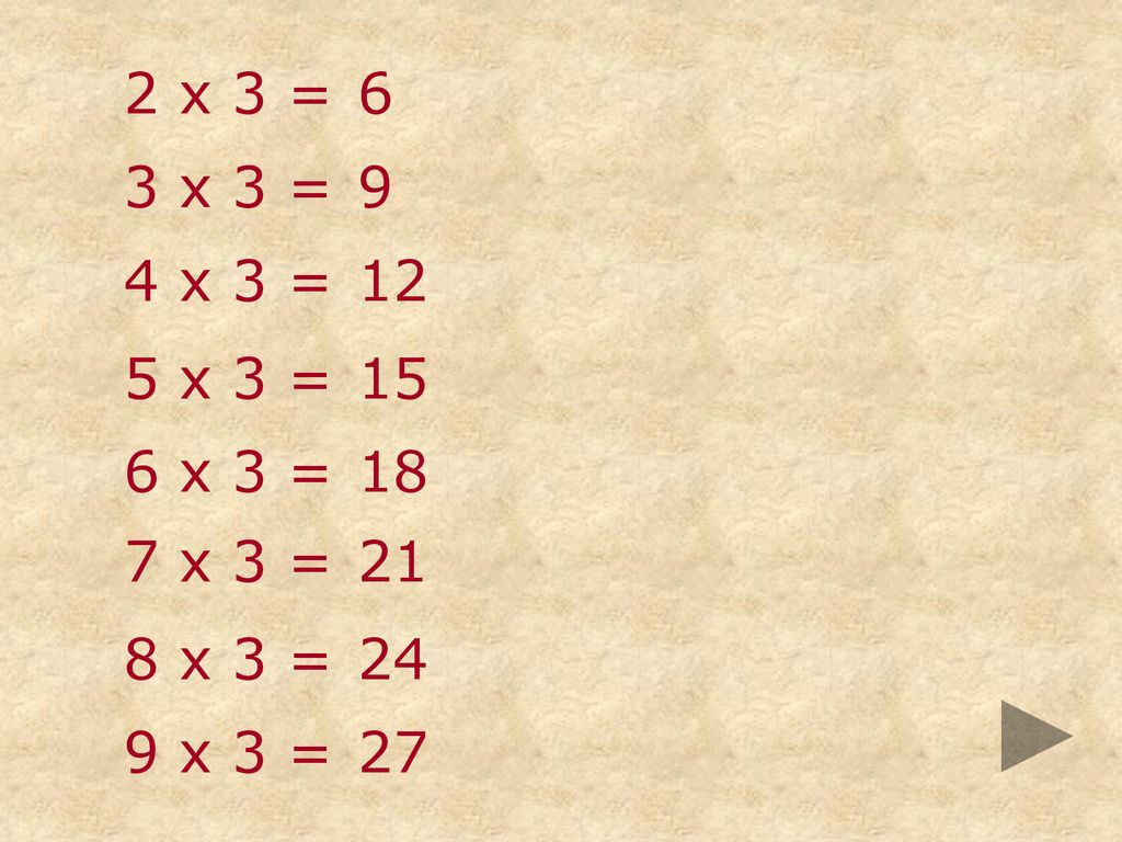 2 x 3 = 6 3 x 3 = 9 4 x 3 = 12 5 x 3 = 15 6 x 3 = 18 7 x 3 = 21 8 x 3 = 24 9 x 3 = 27