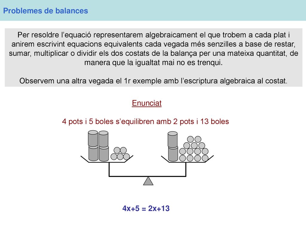 4 pots i 5 boles s’equilibren amb 2 pots i 13 boles