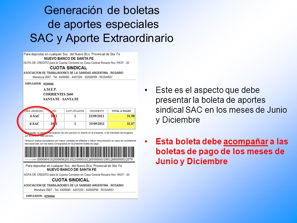 Generación de boletas de aportes especiales SAC y Aporte Extraordinario