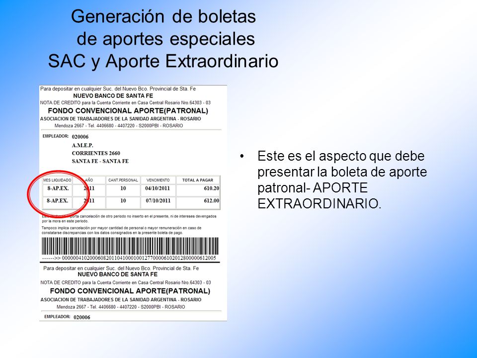 Generación de boletas de aportes especiales SAC y Aporte Extraordinario