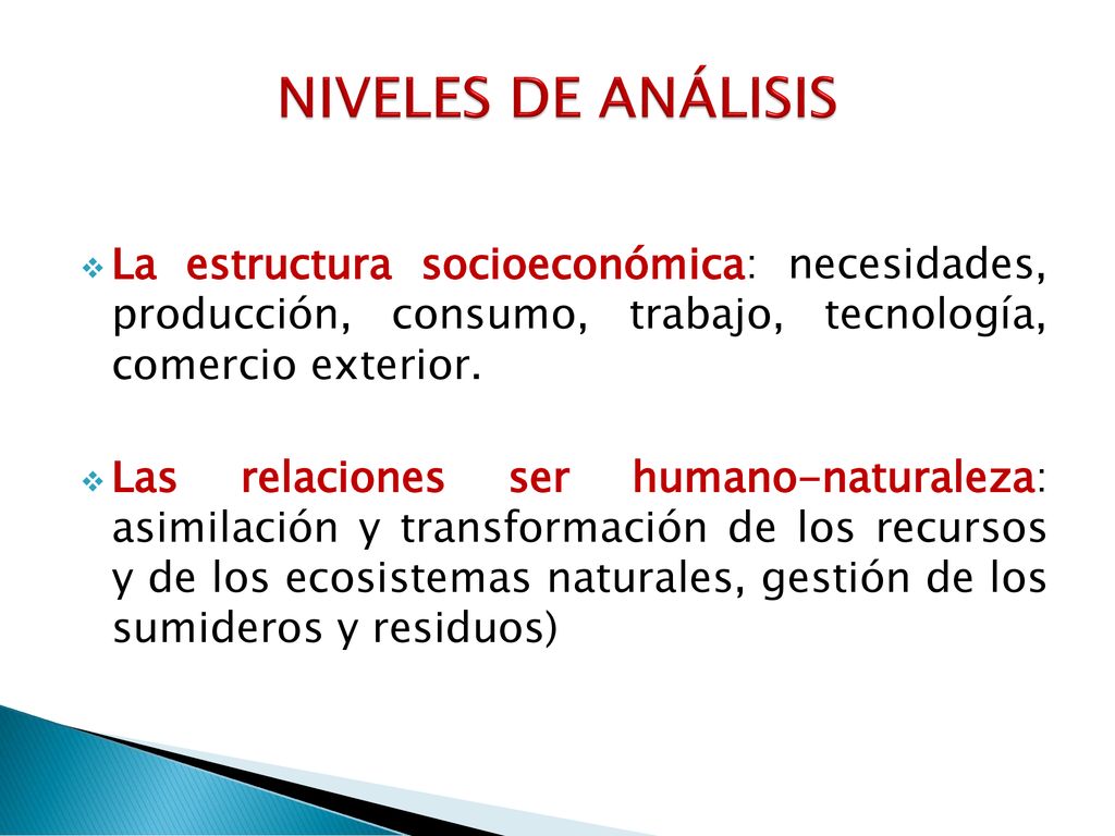 NIVELES DE ANÁLISIS La estructura socioeconómica: necesidades, producción, consumo, trabajo, tecnología, comercio exterior.