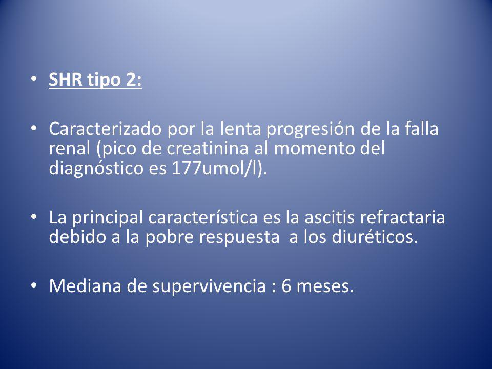 SHR tipo 2: Caracterizado por la lenta progresión de la falla renal (pico de creatinina al momento del diagnóstico es 177umol/l).