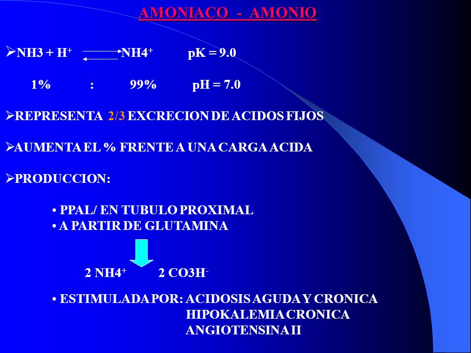 AMONIACO - AMONIO NH3 + H+ NH4+ pK = 9.0 1% : 99% pH = 7.0