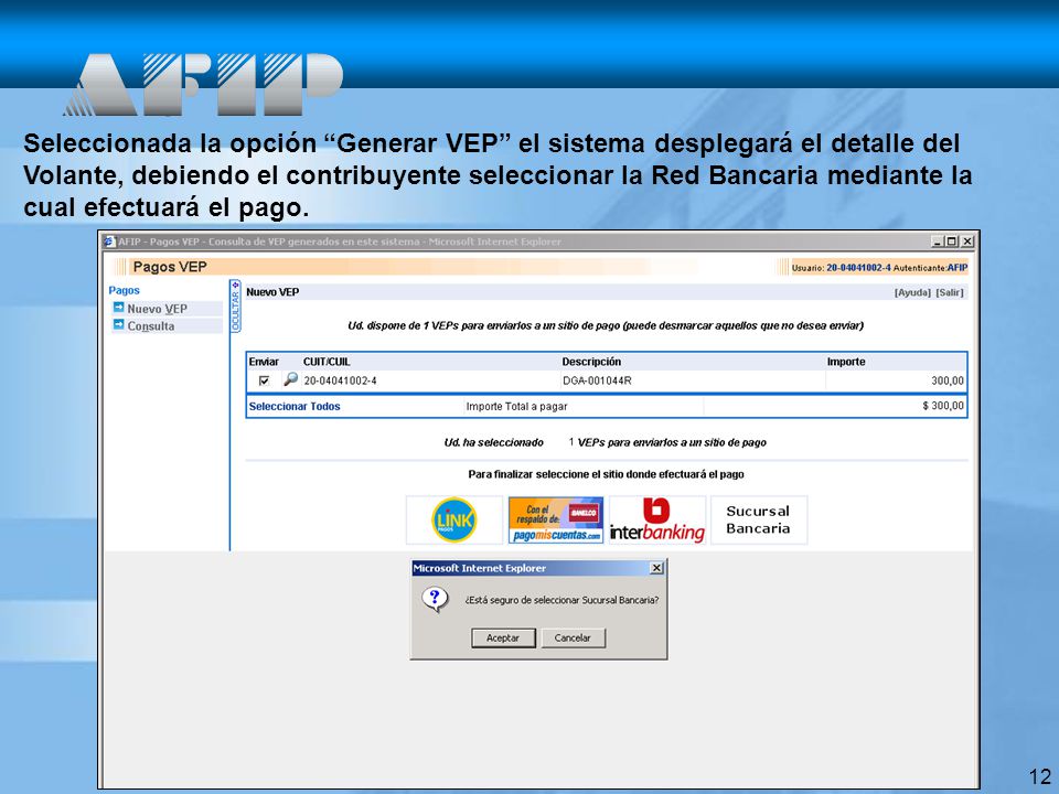 Seleccionada la opción Generar VEP el sistema desplegará el detalle del Volante, debiendo el contribuyente seleccionar la Red Bancaria mediante la cual efectuará el pago.