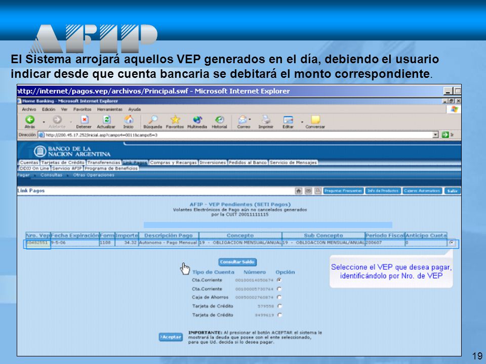 El Sistema arrojará aquellos VEP generados en el día, debiendo el usuario indicar desde que cuenta bancaria se debitará el monto correspondiente.