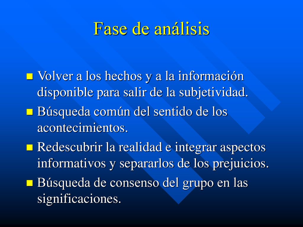 Fase de análisis Volver a los hechos y a la información disponible para salir de la subjetividad. Búsqueda común del sentido de los acontecimientos.