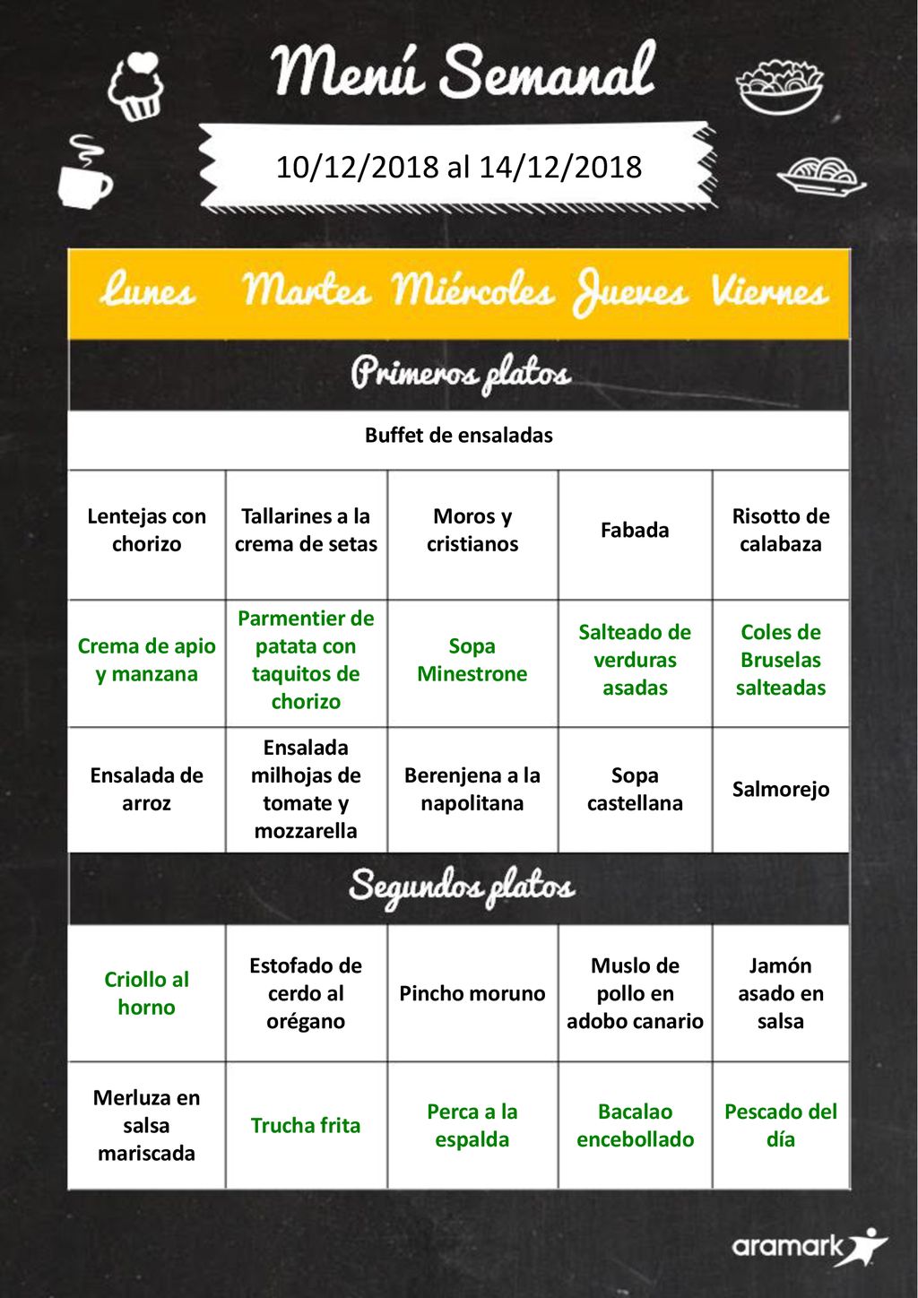 10/12/2018 al 14/12/2018 Buffet de ensaladas Lentejas con chorizo