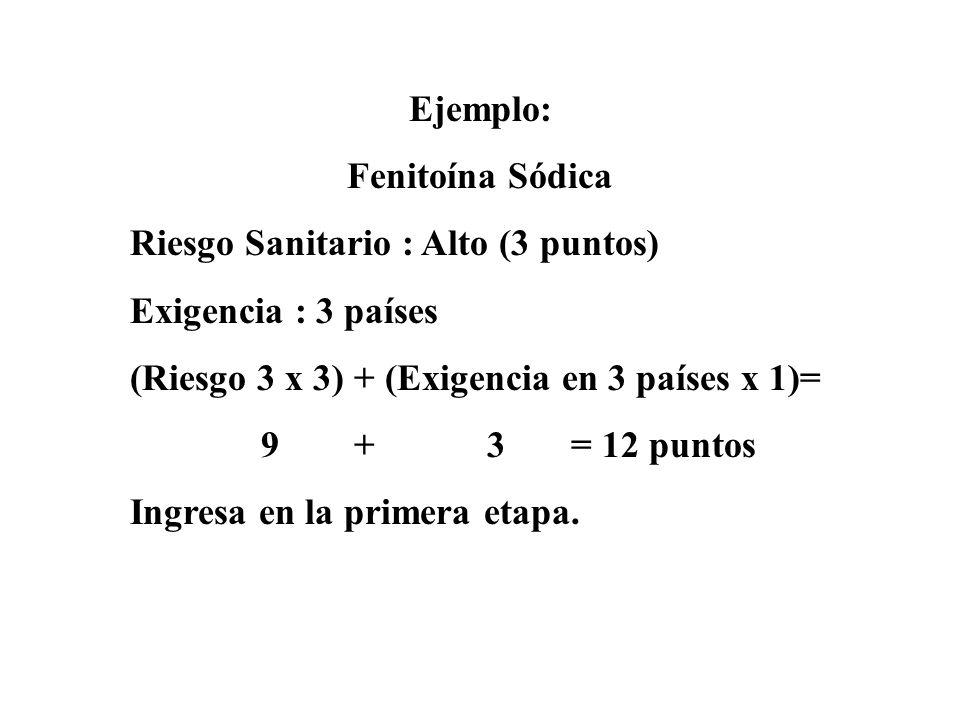 Ejemplo: Fenitoína Sódica. Riesgo Sanitario : Alto (3 puntos) Exigencia : 3 países. (Riesgo 3 x 3) + (Exigencia en 3 países x 1)=