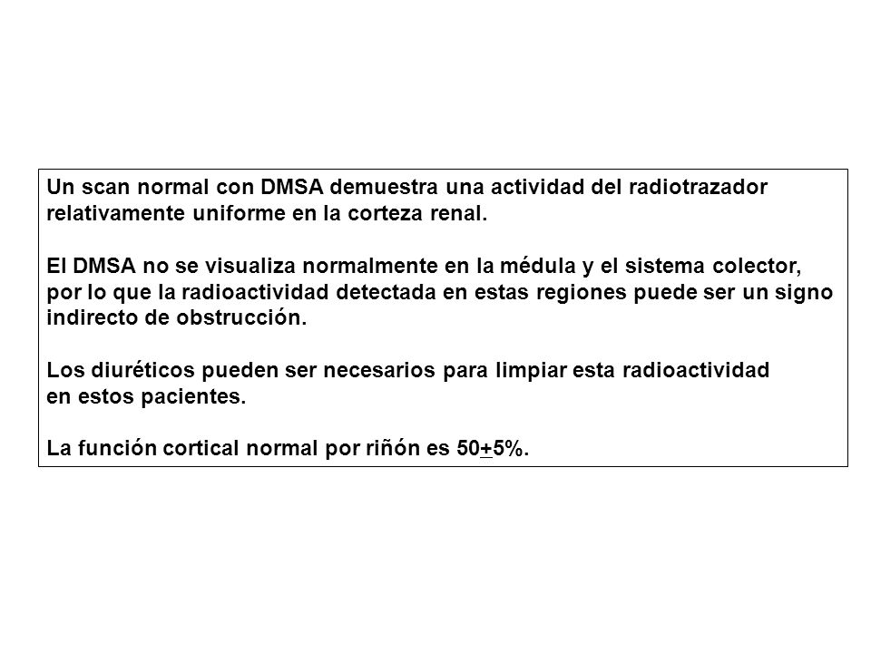 Un scan normal con DMSA demuestra una actividad del radiotrazador relativamente uniforme en la corteza renal.