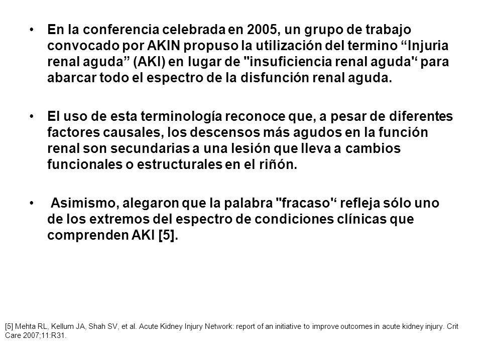 En la conferencia celebrada en 2005, un grupo de trabajo convocado por AKIN propuso la utilización del termino Injuria renal aguda (AKI) en lugar de insuficiencia renal aguda ‘ para abarcar todo el espectro de la disfunción renal aguda.