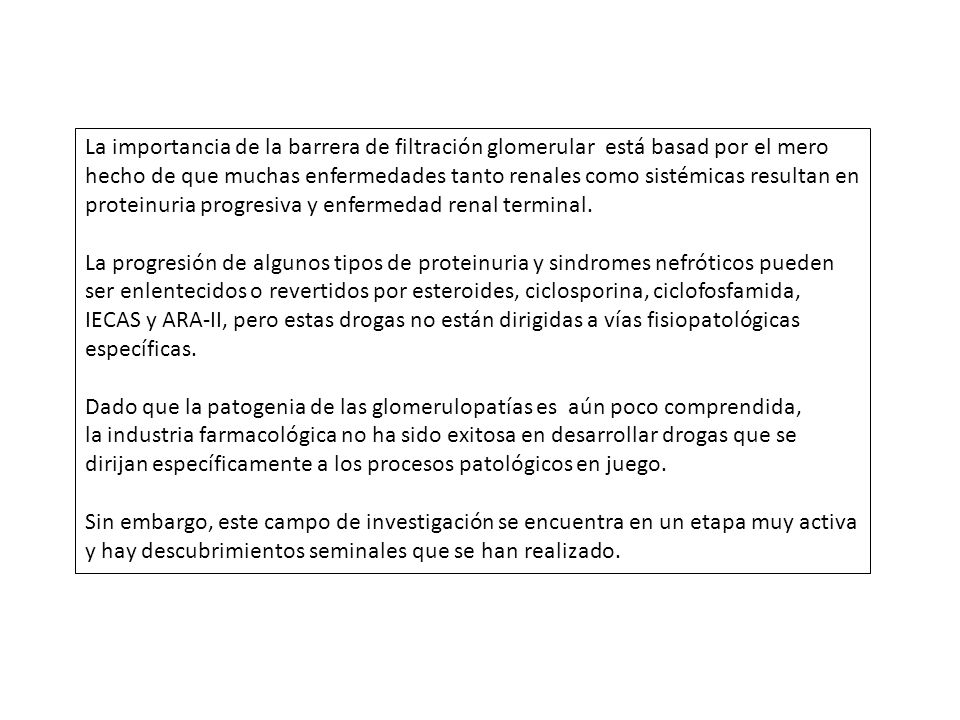 La importancia de la barrera de filtración glomerular está basad por el mero hecho de que muchas enfermedades tanto renales como sistémicas resultan en proteinuria progresiva y enfermedad renal terminal.