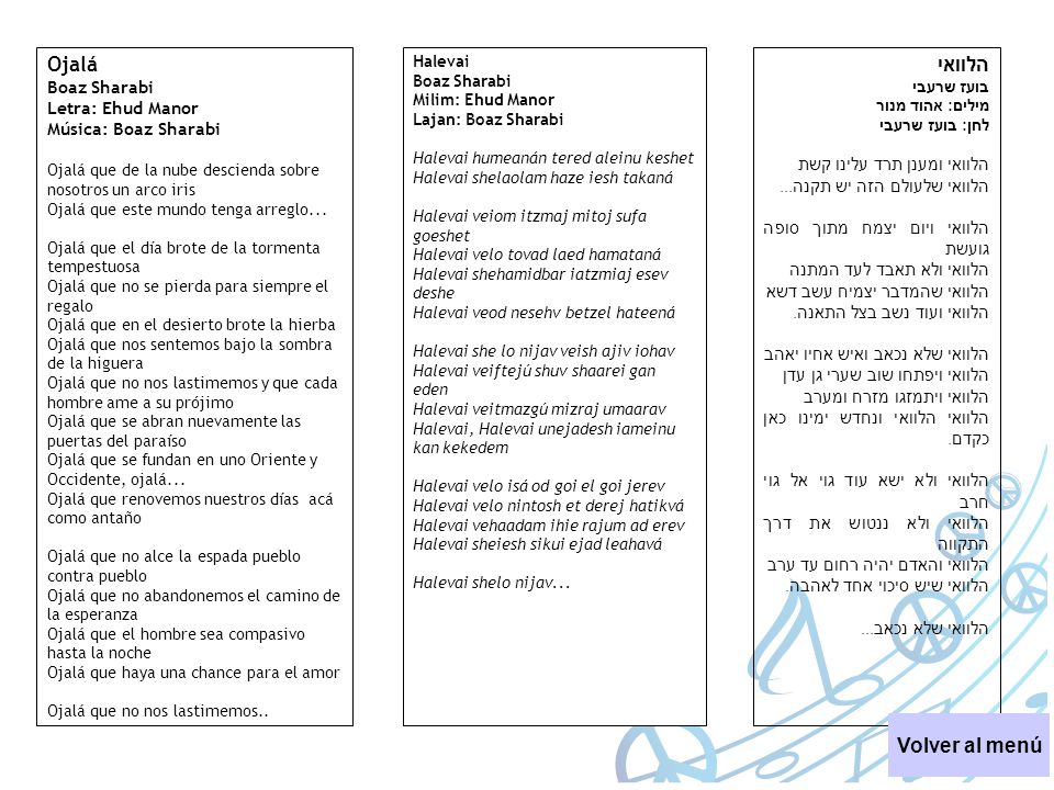 Ojalá הלוואי Volver al menú Boaz Sharabi Letra: Ehud Manor