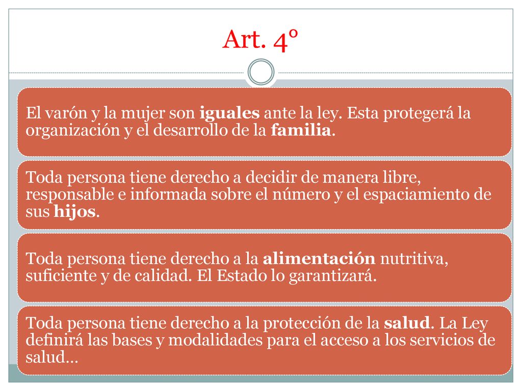 Art. 4° El varón y la mujer son iguales ante la ley. Esta protegerá la organización y el desarrollo de la familia.