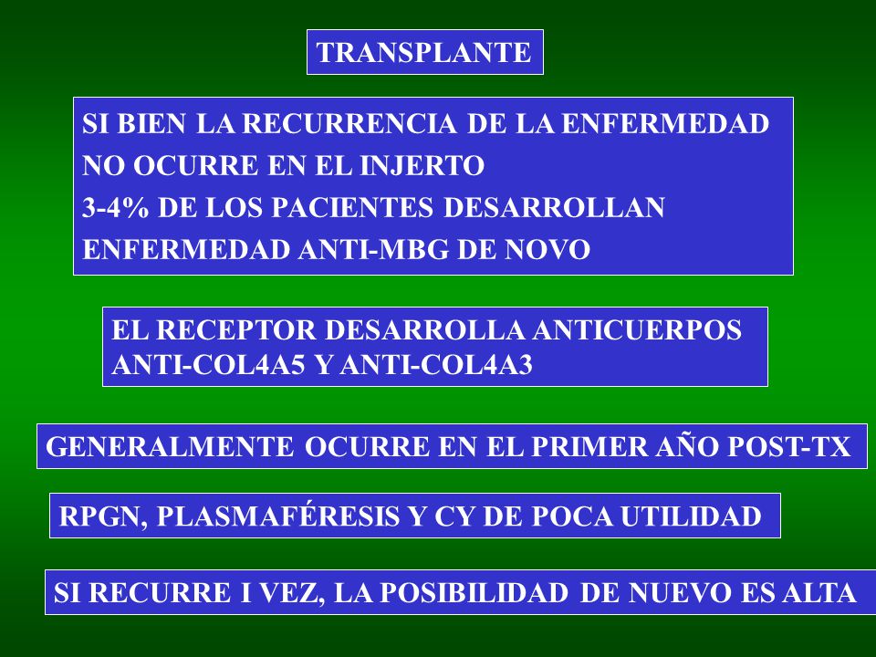 TRANSPLANTE SI BIEN LA RECURRENCIA DE LA ENFERMEDAD. NO OCURRE EN EL INJERTO. 3-4% DE LOS PACIENTES DESARROLLAN.