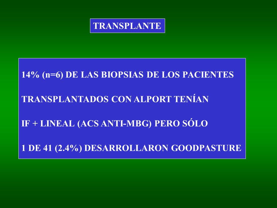 TRANSPLANTE 14% (n=6) DE LAS BIOPSIAS DE LOS PACIENTES. TRANSPLANTADOS CON ALPORT TENÍAN. IF + LINEAL (ACS ANTI-MBG) PERO SÓLO.