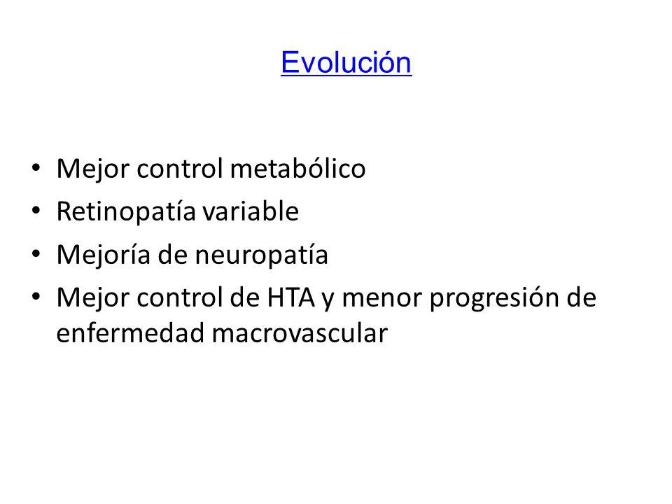Evolución Mejor control metabólico. Retinopatía variable. Mejoría de neuropatía.