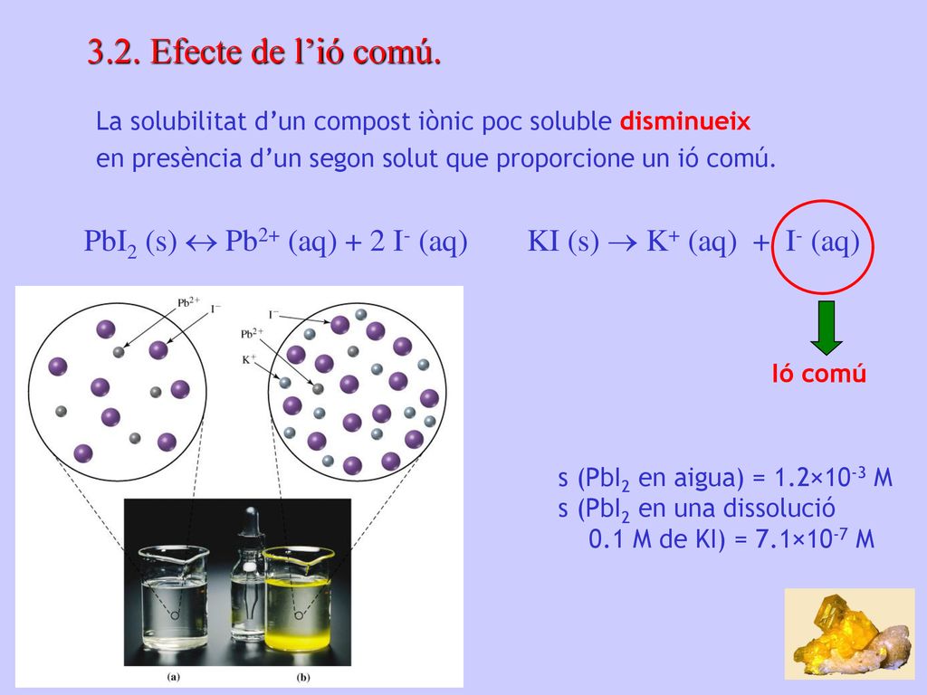 3.2. Efecte de l’ió comú. PbI2 (s) « Pb2+ (aq) + 2 I- (aq)