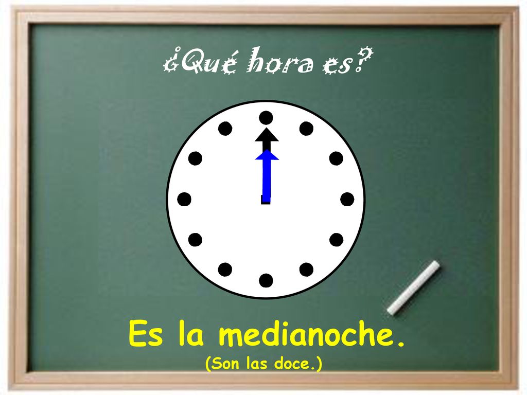 ¿Qué hora es Es la medianoche. (Son las doce.)