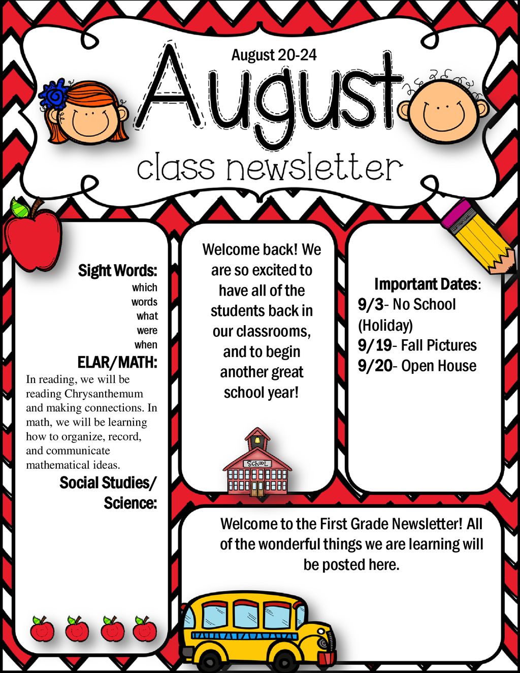 August Welcome back! We are so excited to have all of the students back in our classrooms, and to begin another great school year!