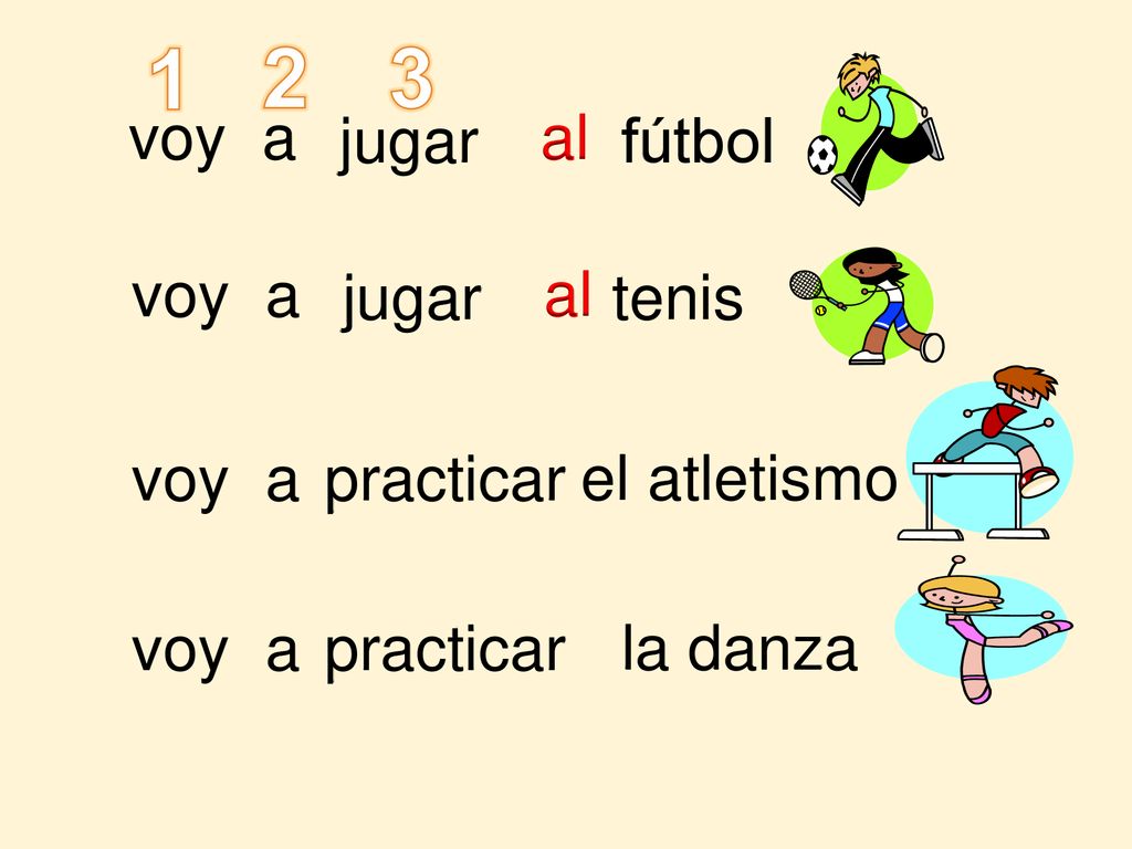 1 2 3 voy a jugar al el fútbol voy a jugar al el tenis voy a practicar