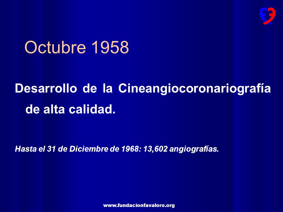 Octubre 1958 Desarrollo de la Cineangiocoronariografía de alta calidad.