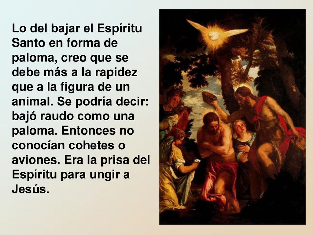 Lo del bajar el Espíritu Santo en forma de paloma, creo que se debe más a la rapidez que a la figura de un animal.