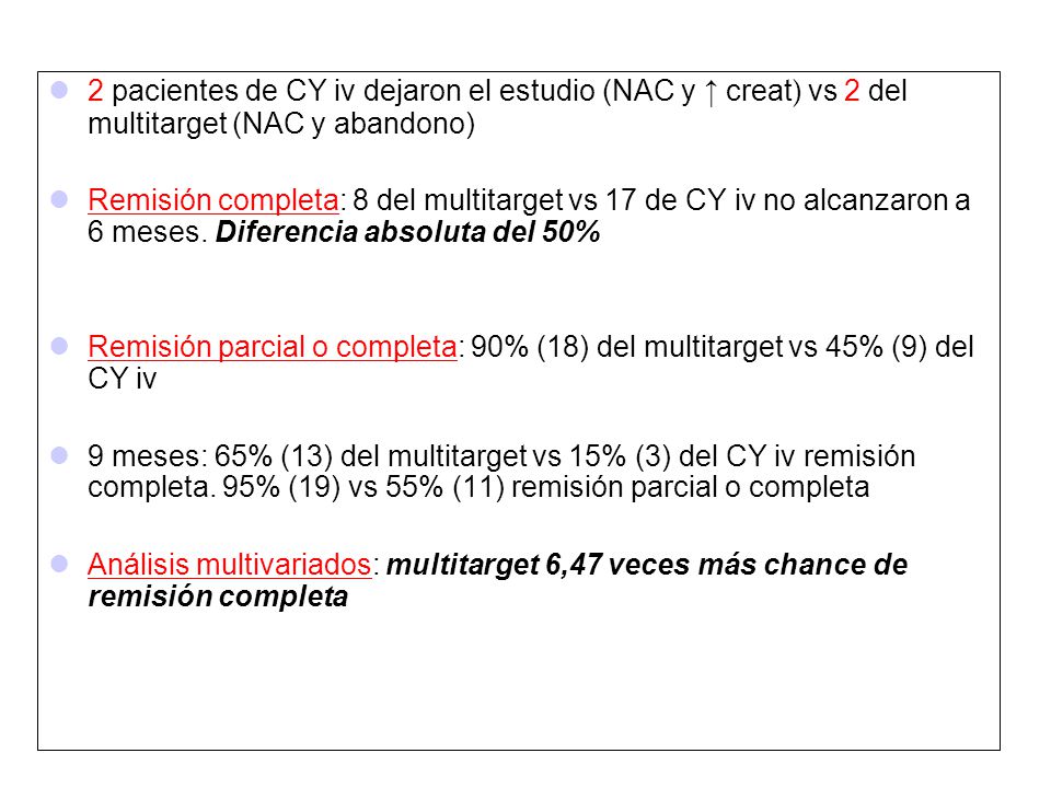2 pacientes de CY iv dejaron el estudio (NAC y ↑ creat) vs 2 del multitarget (NAC y abandono)