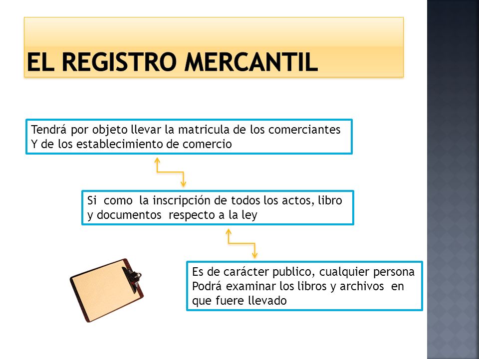 El registro mercantil Tendrá por objeto llevar la matricula de los comerciantes. Y de los establecimiento de comercio.