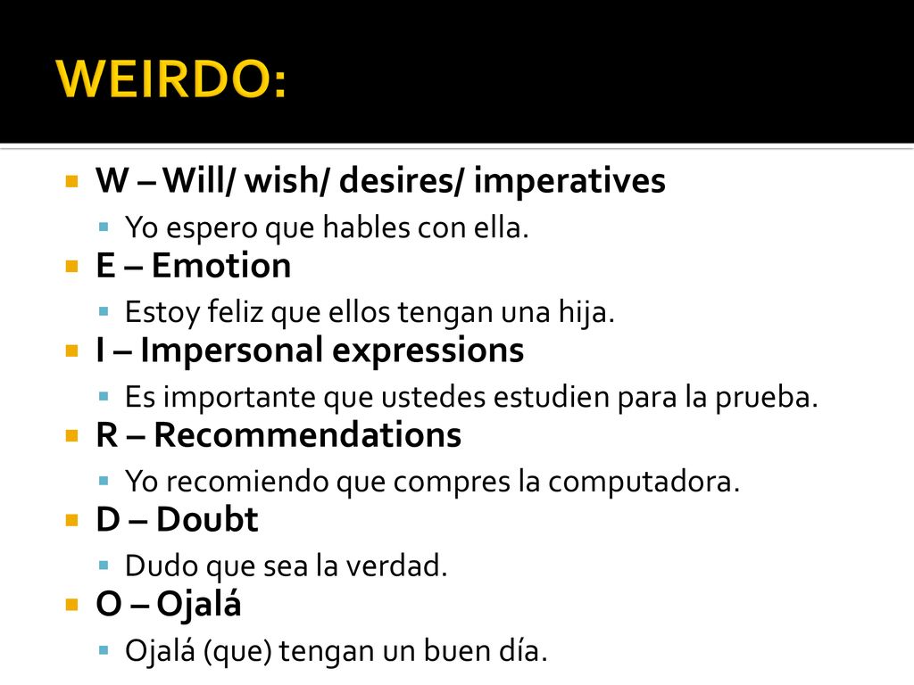WEIRDO: W – Will/ wish/ desires/ imperatives E – Emotion