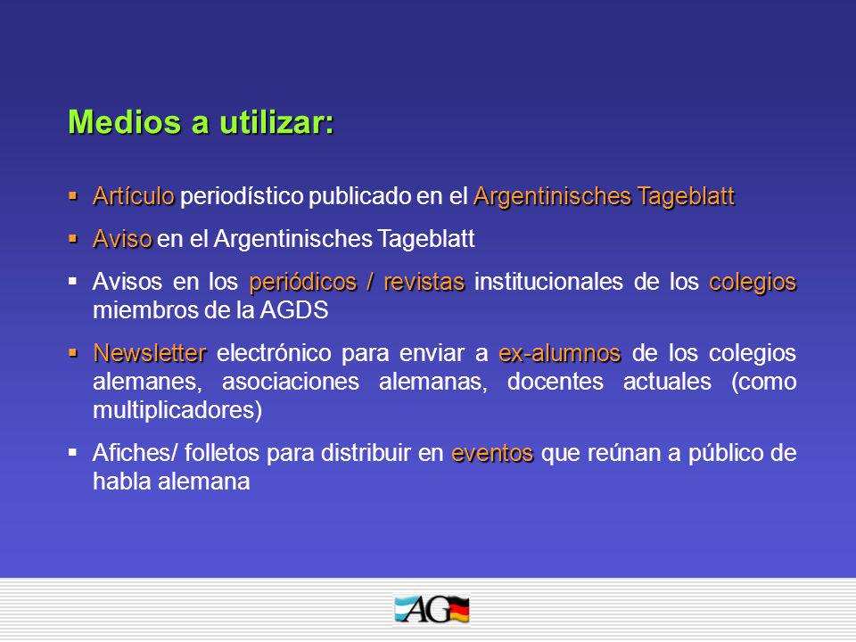 Medios a utilizar: Artículo periodístico publicado en el Argentinisches Tageblatt. Aviso en el Argentinisches Tageblatt.