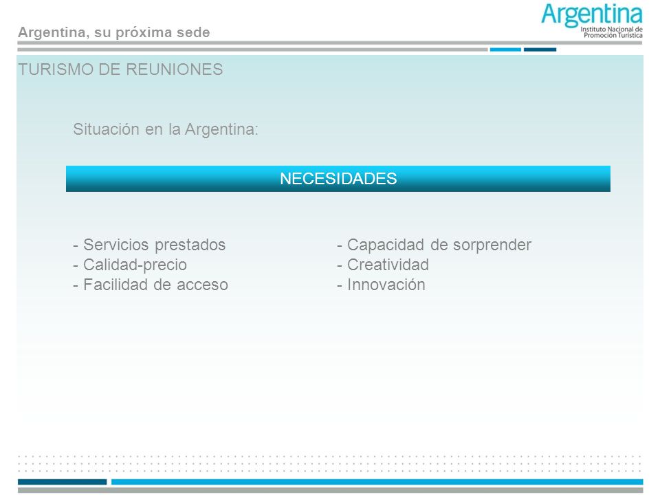 TURISMO DE REUNIONES Situación en la Argentina: NECESIDADES. Servicios prestados. Calidad-precio.