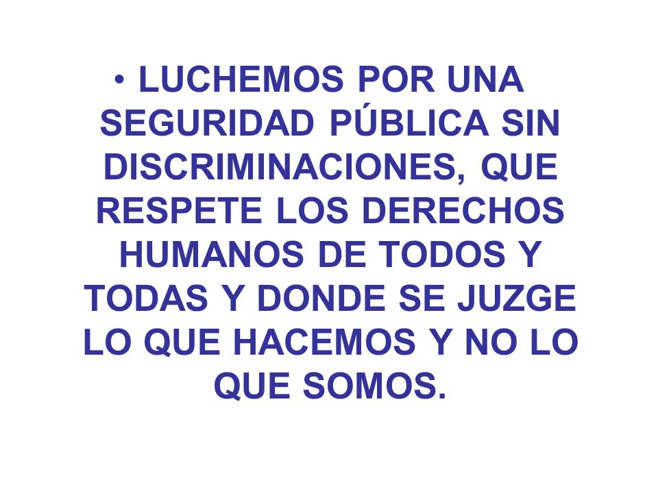 LUCHEMOS POR UNA SEGURIDAD PÚBLICA SIN DISCRIMINACIONES, QUE RESPETE LOS DERECHOS HUMANOS DE TODOS Y TODAS Y DONDE SE JUZGE LO QUE HACEMOS Y NO LO QUE SOMOS.